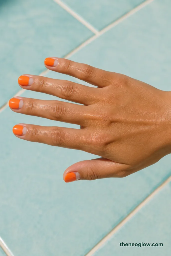Short oval orange nails with clean bare half-moons at the cuticles on an olive skin tone.