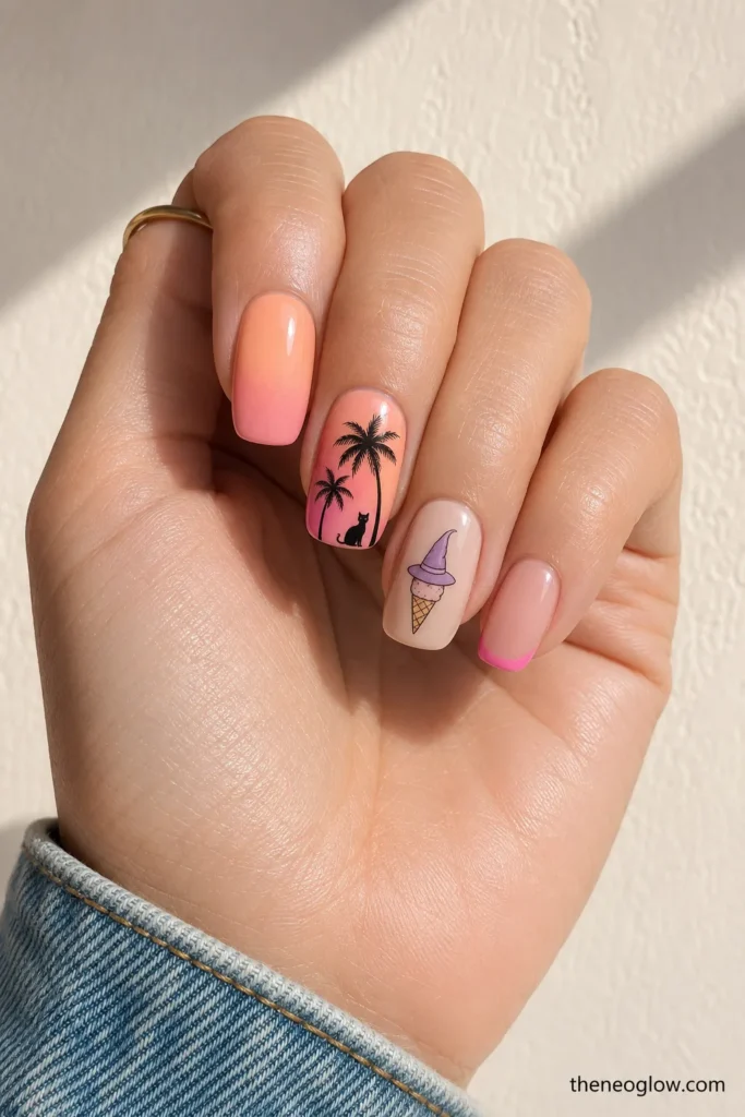 Peach-pink sunset nails with a black cat beneath palms and one pastel ice-cream witch-hat accent.