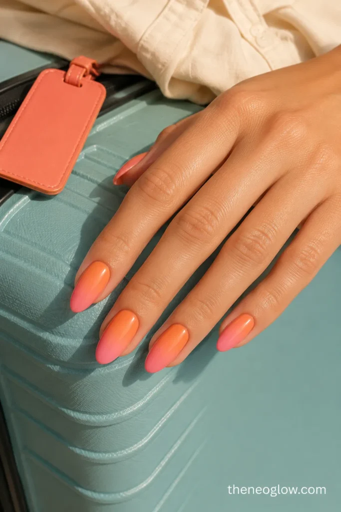 Medium almond nails with a papaya-orange to soft-pink ombré over a muted aqua suitcase.