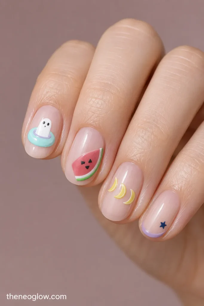 Short oval nails with a ghost pool float, watermelon face accent, and lemon moon-phase details. summerween nails.