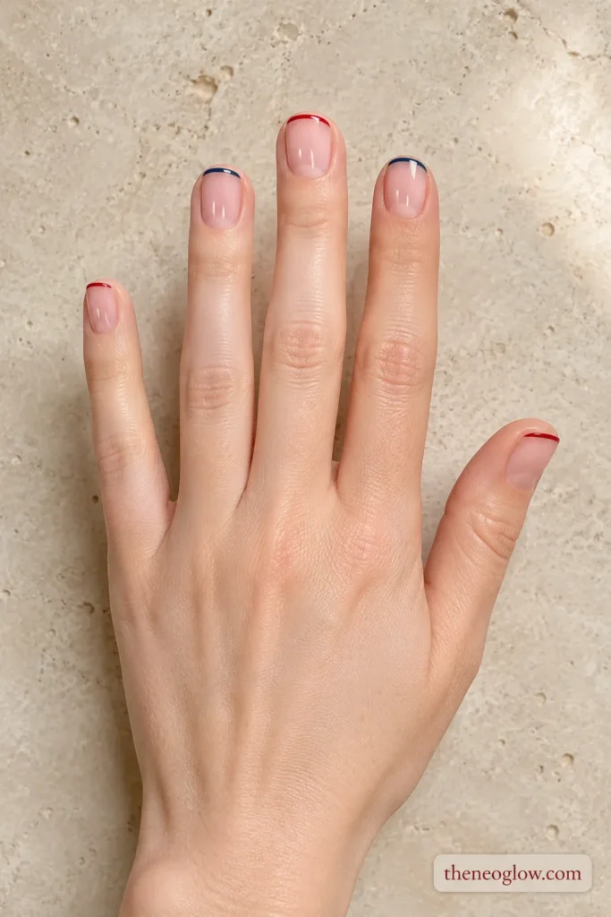 Short square sheer nails with alternating cherry-red and navy micro French tips.