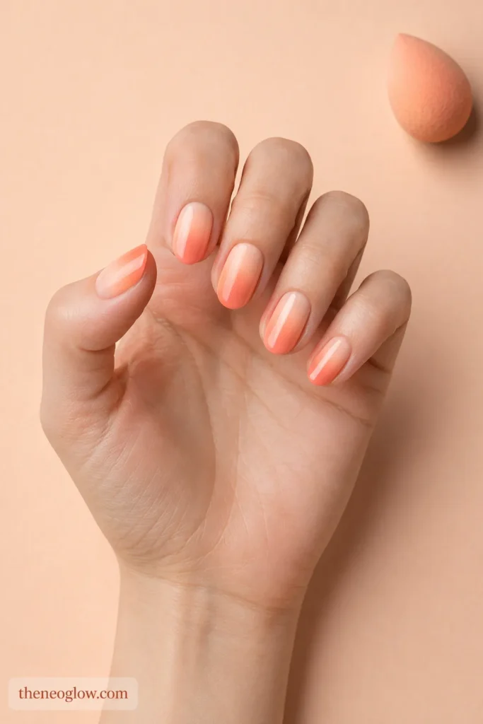 Short soft-almond nails with a smooth pale-peach-to-coral ombré and glossy regular-polish finish.