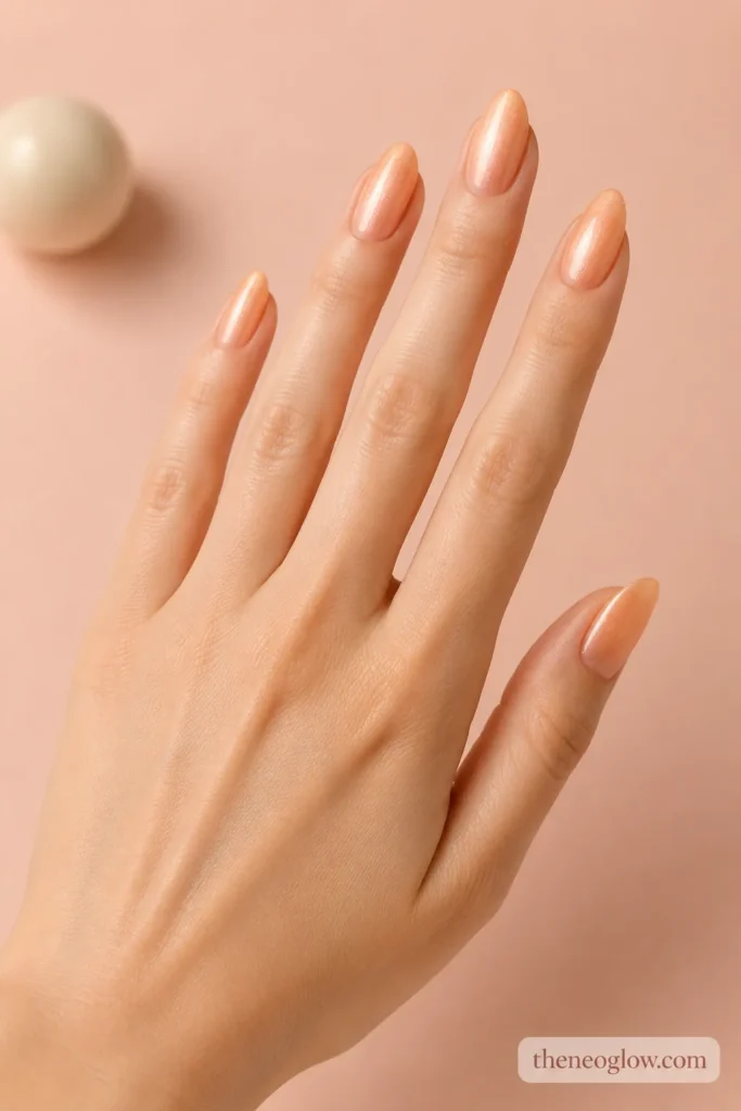 Subtle peach pearl polish on medium almond nails with fine luminous reflection on light warm-toned skin.