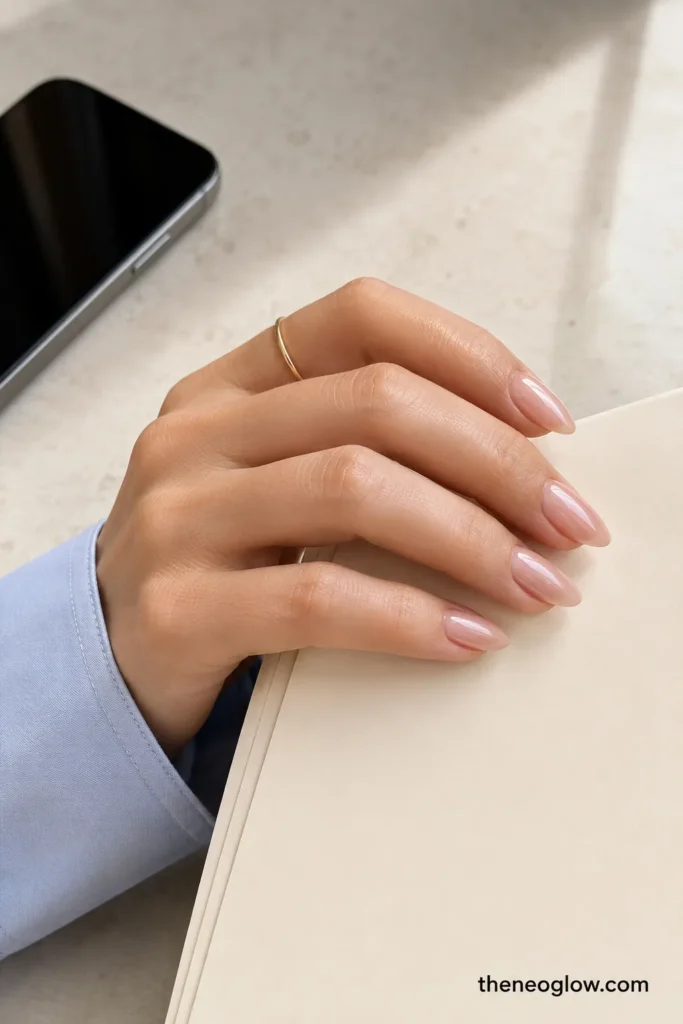 Medium almond nails with a sheer rosy-nude pearl glaze resting on a plain cream folder.