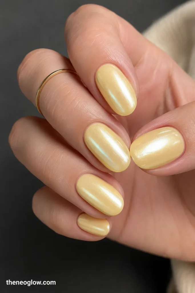 Medium oval nails with a smooth pearly butter-yellow chrome finish and soft reflective glow.