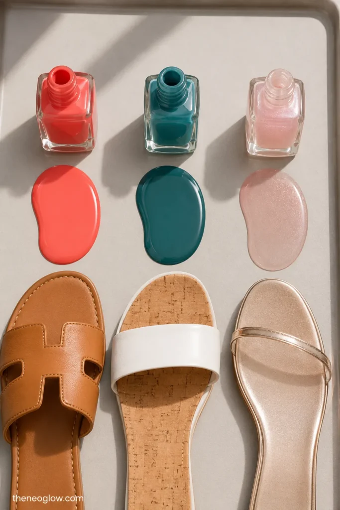 Coral, teal, and sheer pink polish swatches arranged with tan, white, and champagne sandal materials.