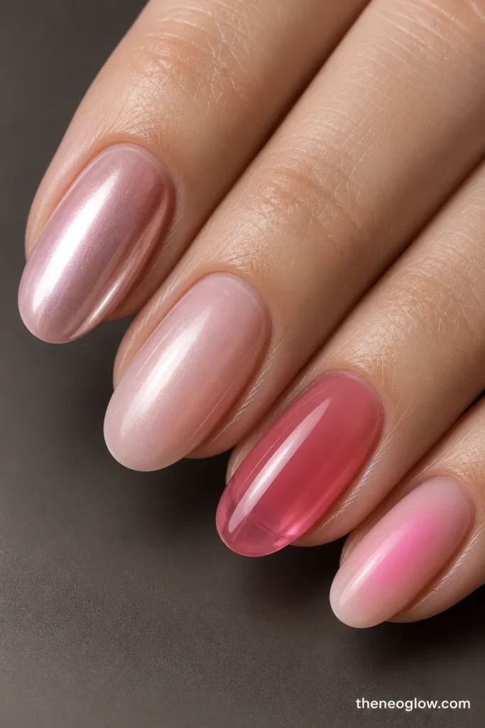 Medium oval nails comparing blush chrome, pearly pink glaze, raspberry jelly, and a soft pink aura finish.