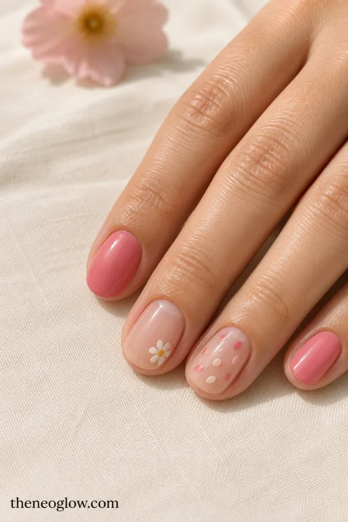 Short oval nails with warm pink solids, one miniature daisy, and restrained blush floral-confetti accents.