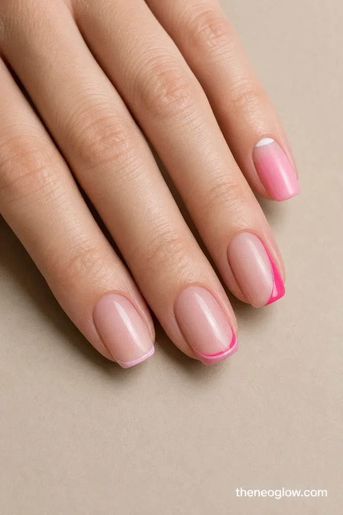 Medium squoval nails comparing baby-pink micro, double pink, side-French, and reverse-French placements.
