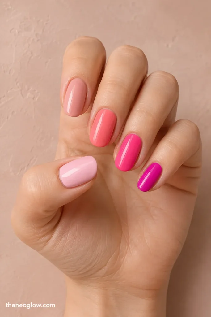 A glossy pink manicure progressing from baby pink through blush and coral to hot pink and fuchsia. pink summer nails.