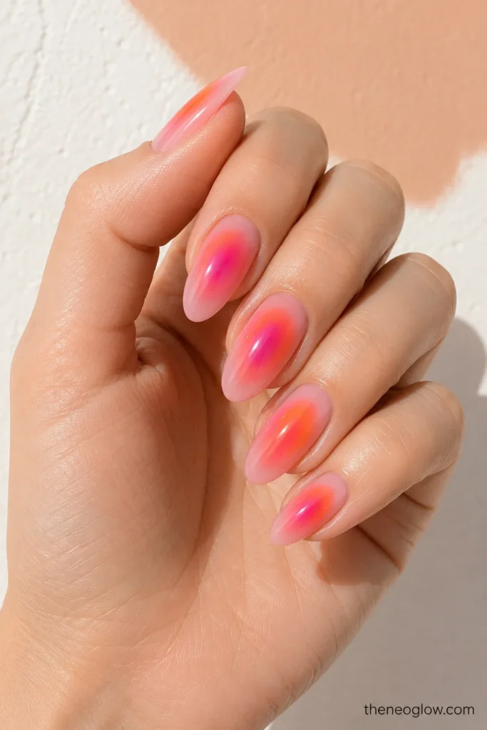 Glossy almond nails with a smooth hot-pink and neon-orange aura gradient over a sheer blush base.