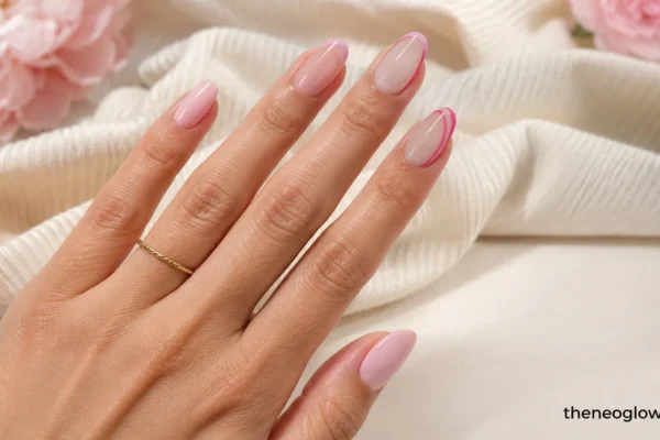 Medium almond nails combining glossy blush pink, baby-pink micro tips, and one hot-pink swirl accent.