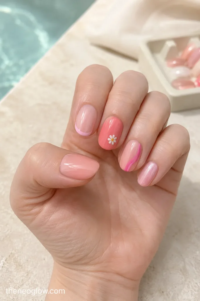 Short-to-medium press-on nails with blush, baby-pink French, fuchsia swirl, pearly glaze, and coral floral designs.