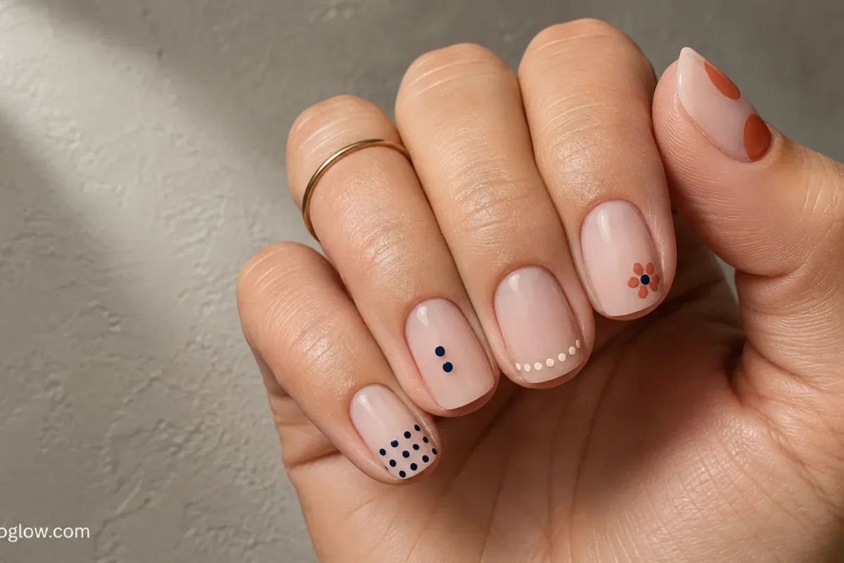 Glossy blush nails with navy, coral, and ivory micro dots, a dotted tip, a small flower, negative space, and oversized circles.