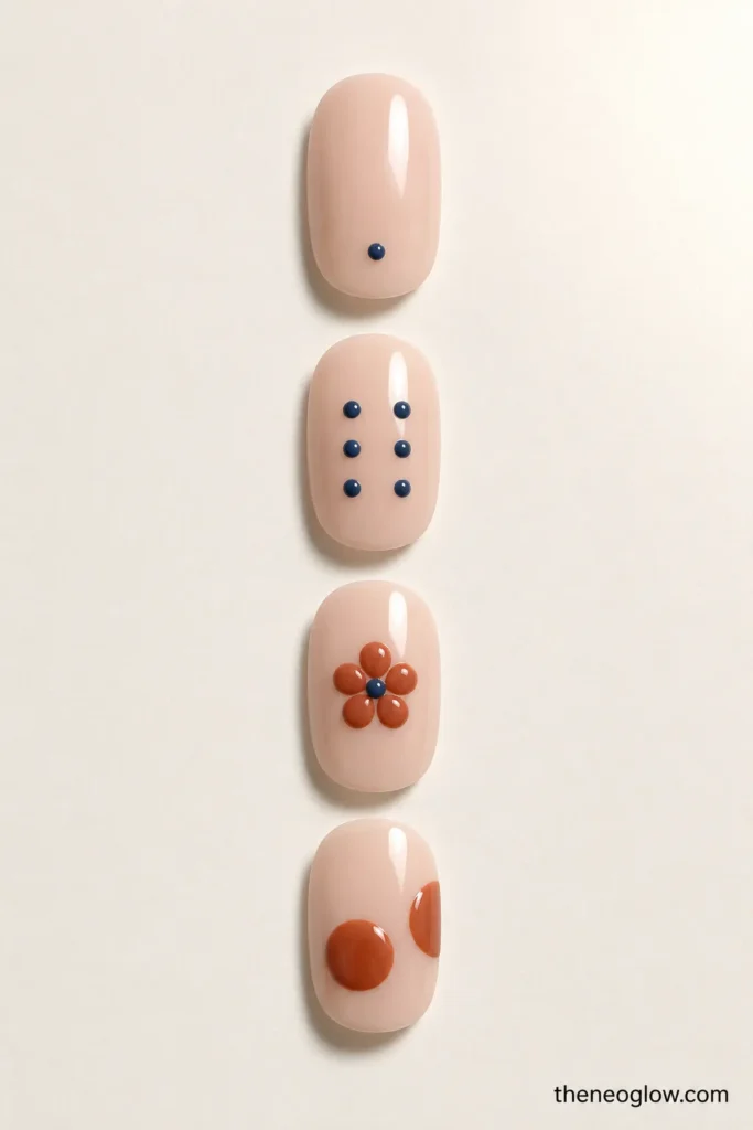 Four nude practice nails showing a micro dot, a small dot grid, a dot flower, and oversized cropped circles.