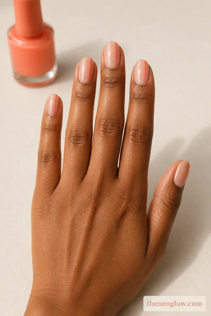 Short oval milky nude nails with slim coral side stripes and a smooth glossy finish on rich brown skin.