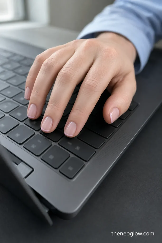 Short milky-pink squoval nails with fine tonal tips positioned over a laptop keyboard.