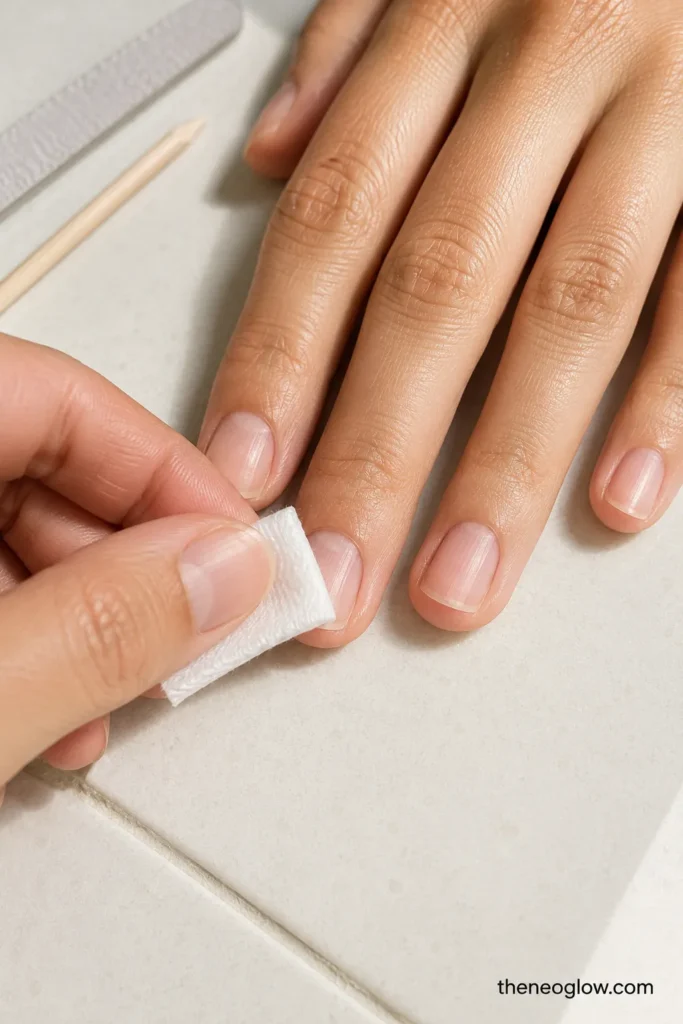 A lint-free prep pad wiping a short bare fingernail beside a wooden manicure stick and fine nail file.