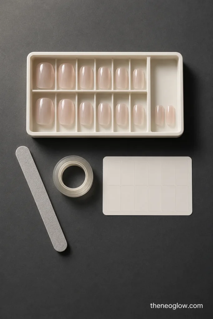 Ten fitted press-on tips and two spares are organized in a divided tray beside clear tape and a fine file.