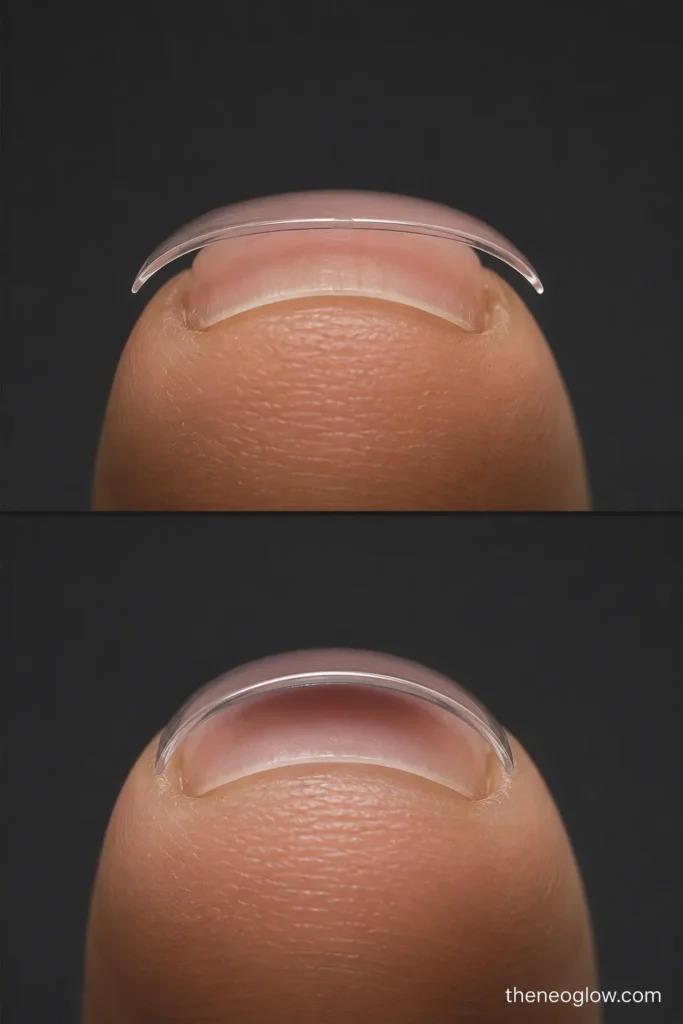 Two fingertip macros show raised side edges beneath a flat tip and a center gap beneath a deeply curved tip.