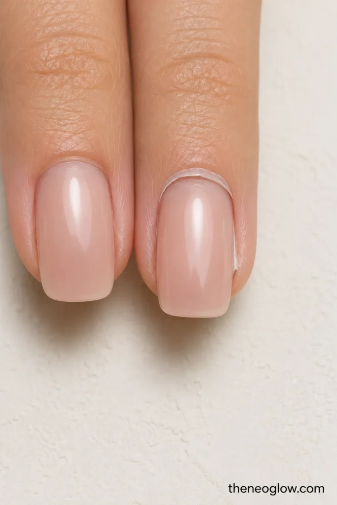Two short rosy-beige press-on nails showing one flush cuticle edge and one raised edge with sidewall lifting.