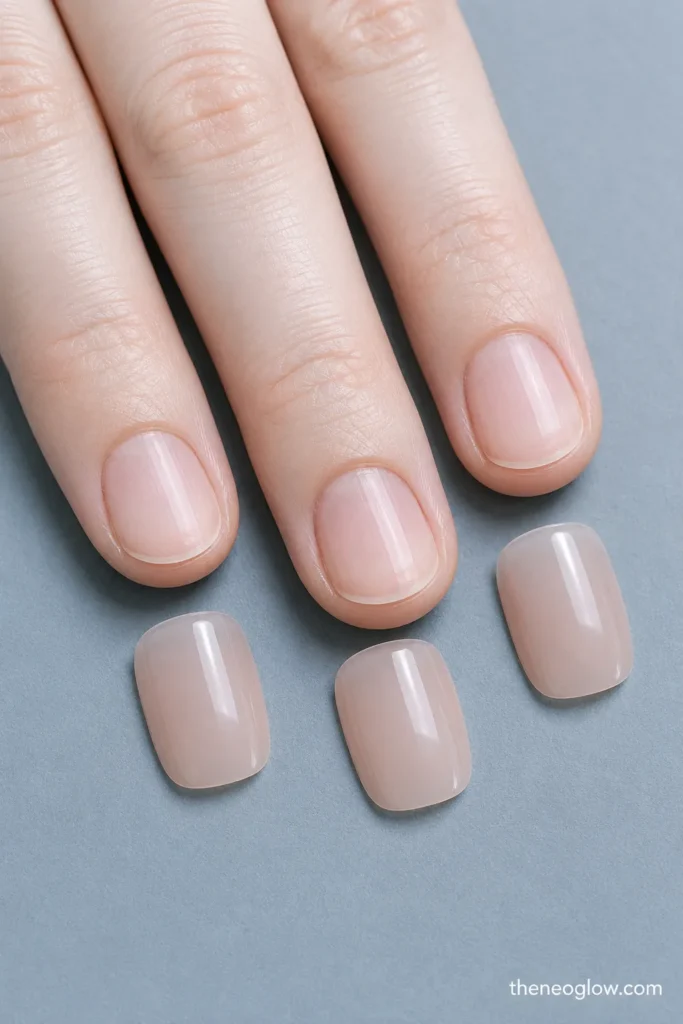 Three bare fingertips aligned with matching short rosy-beige press-on tips on a blue-gray surface.