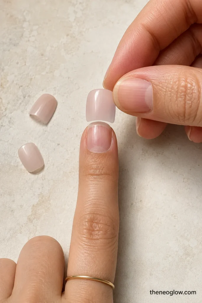 A short rosy-nude press-on tip being aligned from sidewall to sidewall over a natural fingernail.