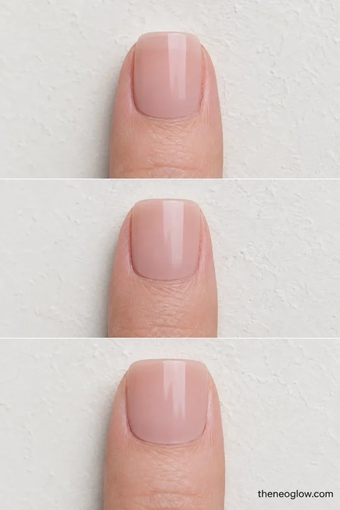 Three macro views show a press-on tip that is too narrow, correctly fitted, and too wide on the same fingertip. press-on nail sizing guide. 