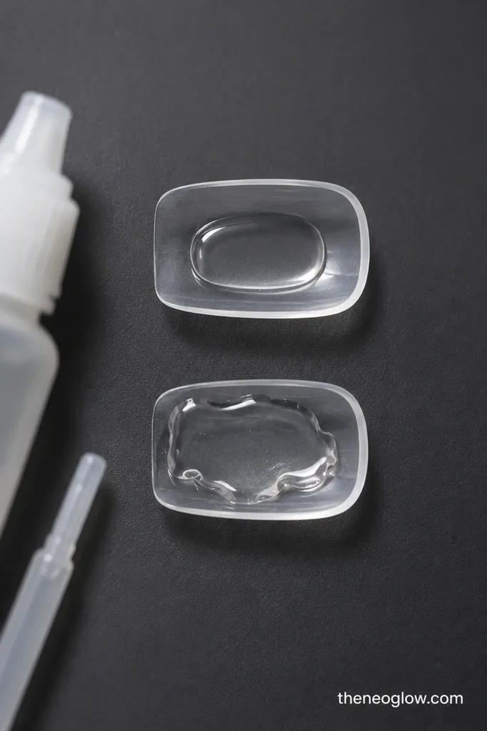 Two clear press-on tips showing a controlled glue layer beside an excessive pooled glue amount.