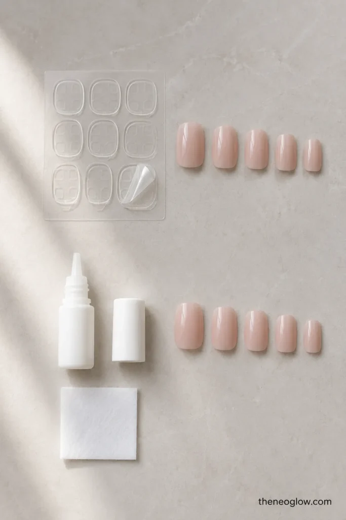 Adhesive tabs and press-on tips arranged opposite a plain nail-glue bottle and matching tips on pale stone.