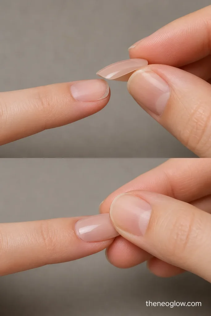 Two close process views showing a short press-on aligned at a low angle and pressed across the center and sidewalls.