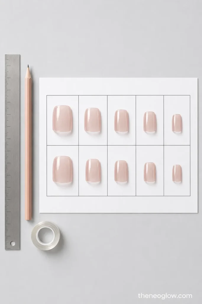 Ten translucent press-on tips are arranged in two rows on a blank measurement grid beside a ruler and pencil.