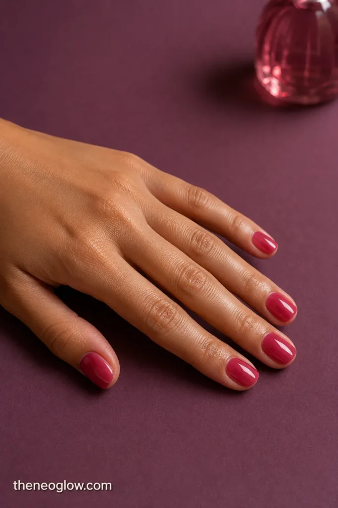 Translucent raspberry jelly polish with glassy shine on short oval nails and medium neutral-cool skin.