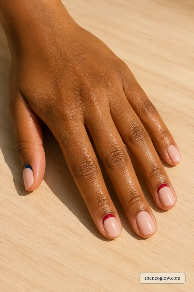 Short oval sheer nude nails with cherry-red half-moon accents and one navy thumb crescent.