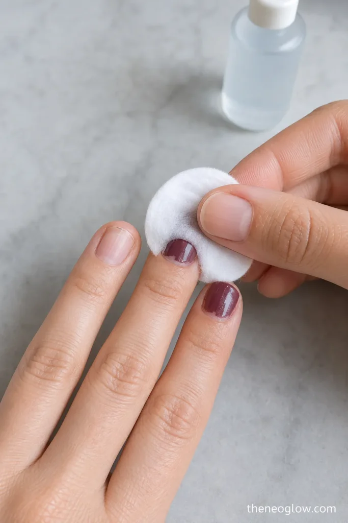A cotton pad pressed over burgundy polish on a short natural fingernail during removal.