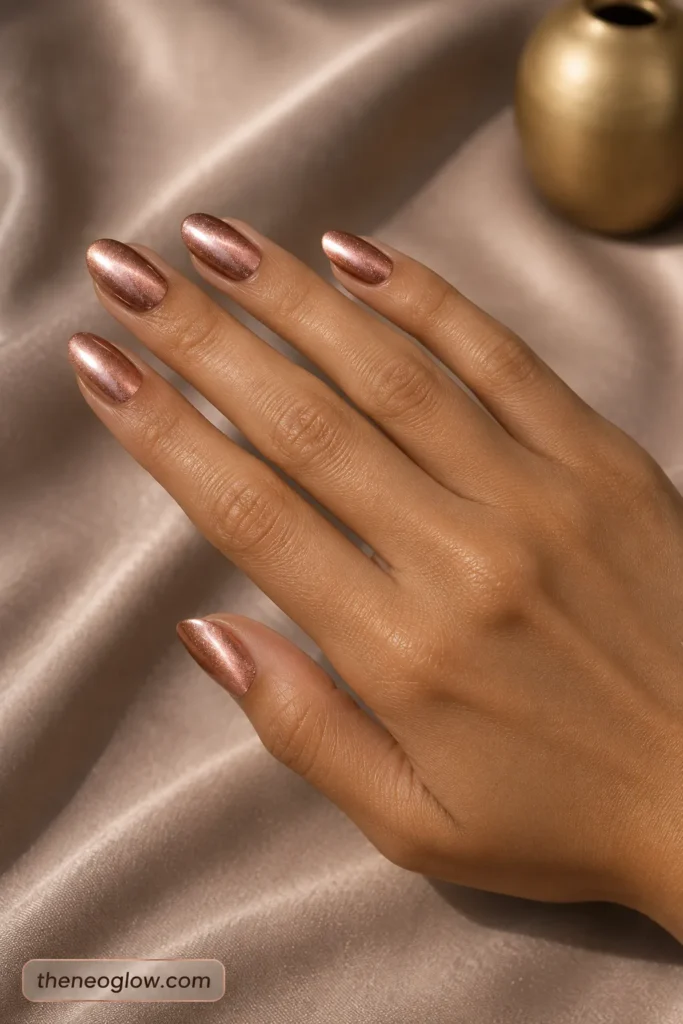 Rose-gold cat-eye polish with a soft diagonal magnetic beam on medium oval nails and olive skin.