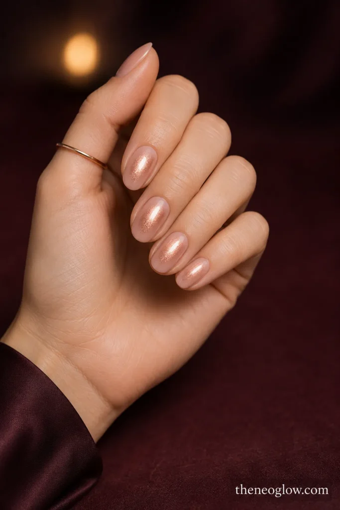 Sheer blush oval nails with centered rose-gold magnetic halos in a softly lit evening setting.