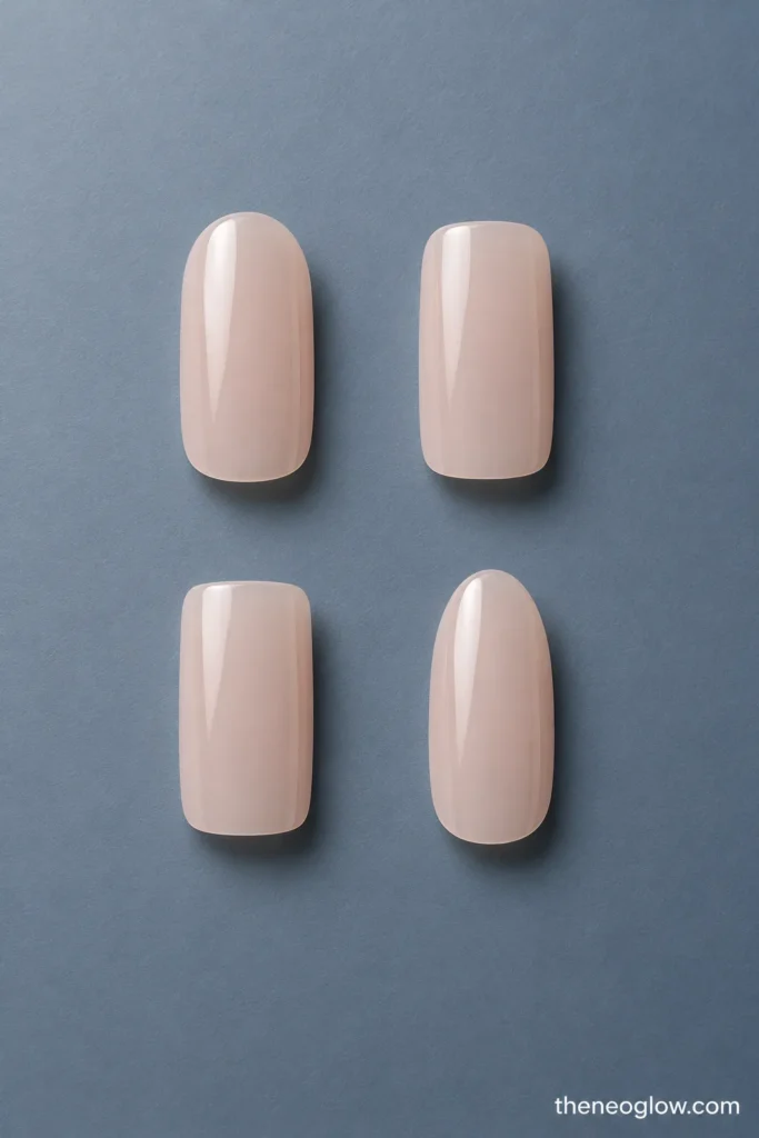 Four sheer nude nail tips showing round, squoval, soft-square, and short-oval silhouettes.