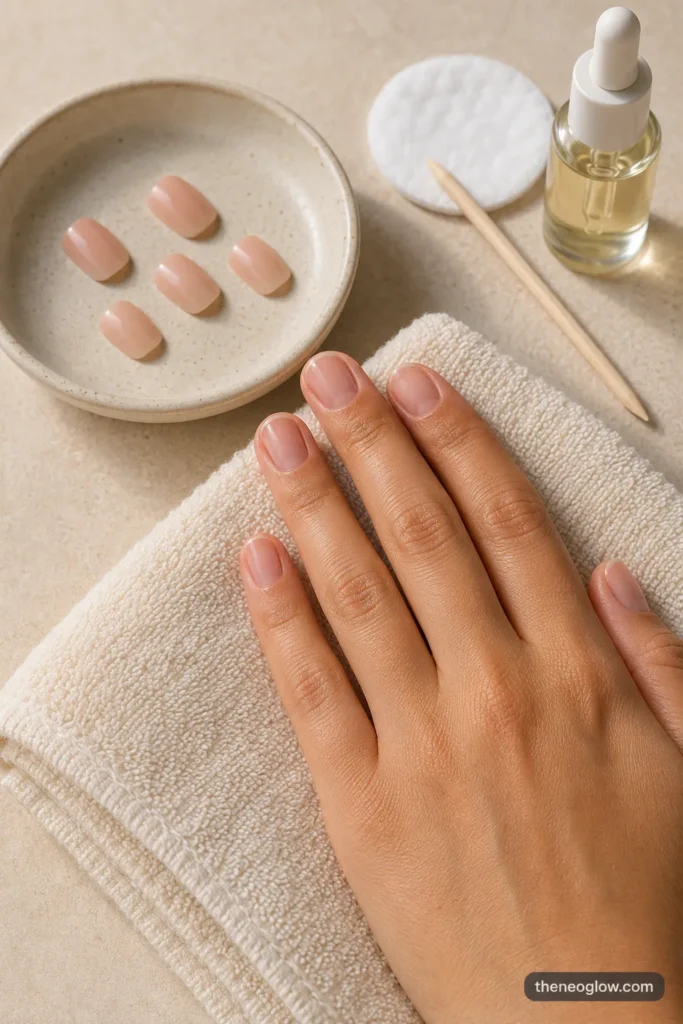 Bare natural nails resting on an ivory towel beside removed press-ons and simple aftercare supplies.