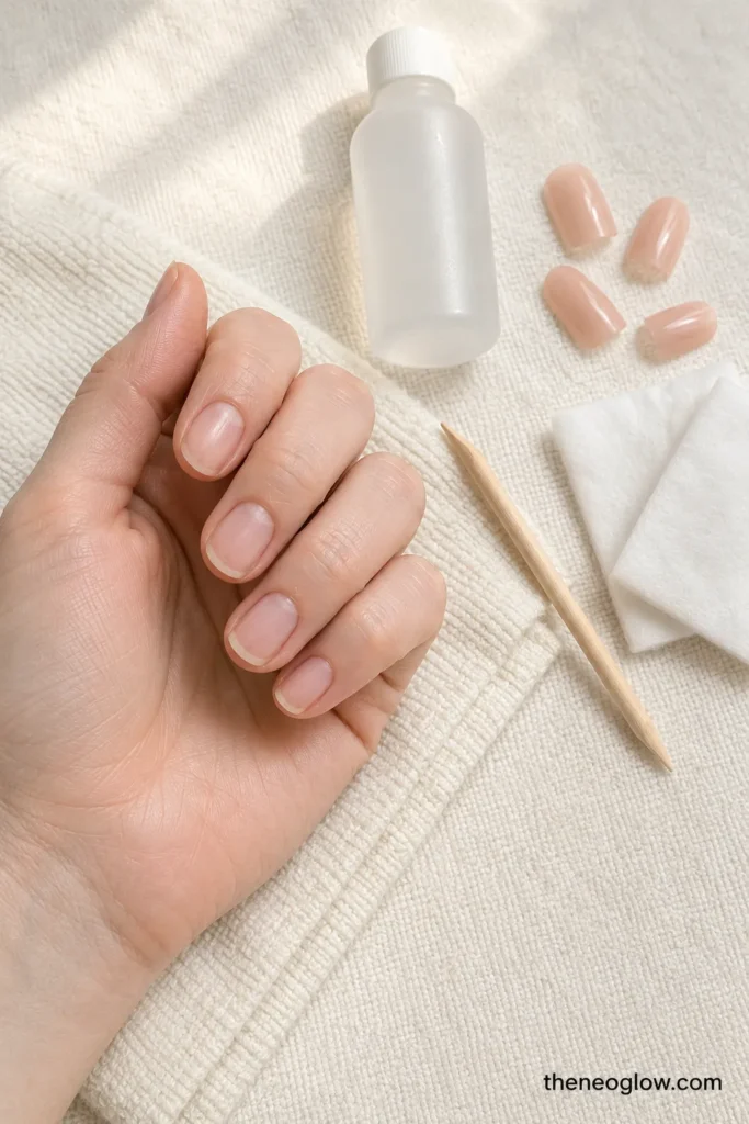 Bare natural nails resting on an ivory towel beside removed press-ons, a wooden stick, lint-free pads, and a plain remover bottle. how to apply press-on nails. 