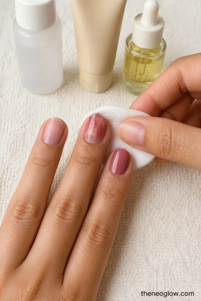 A cotton pad removing rose polish from short nails beside hand cream and cuticle oil.