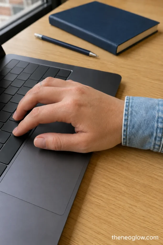 A hand with very short milky-pink round nails typing on a laptop beside a notebook and pencil.
