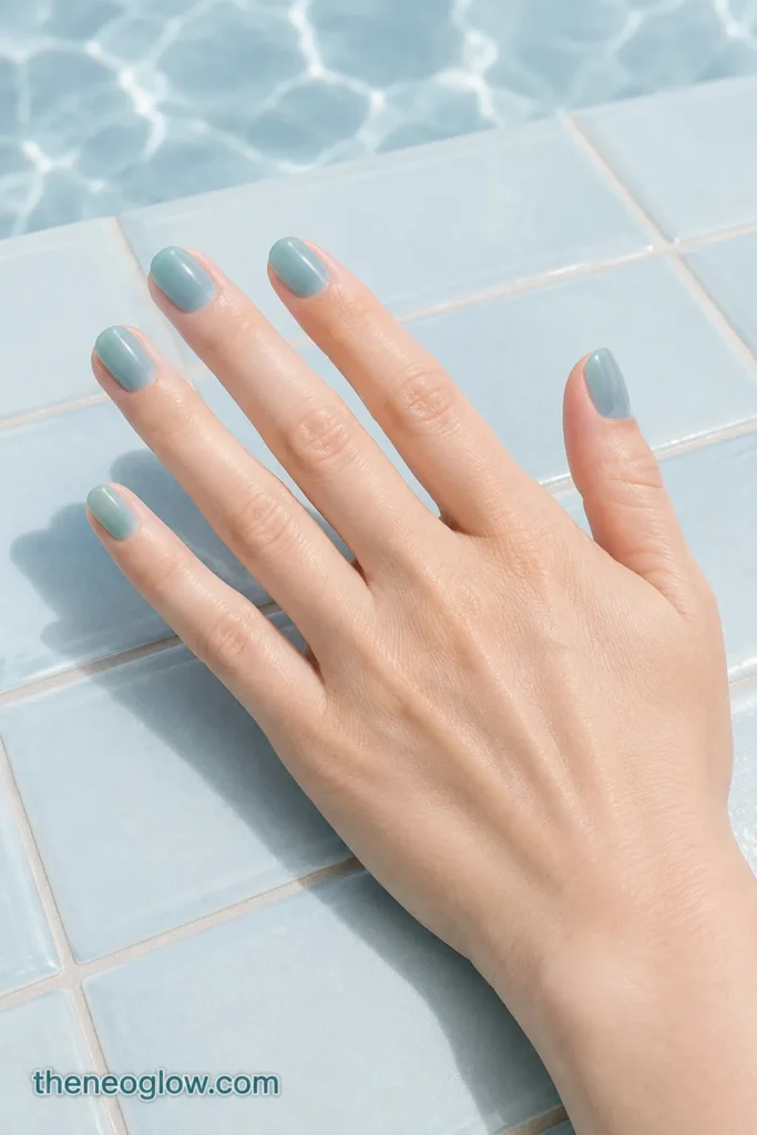 Translucent aqua jelly polish on short oval nails with a glossy sea-glass finish on fair skin.