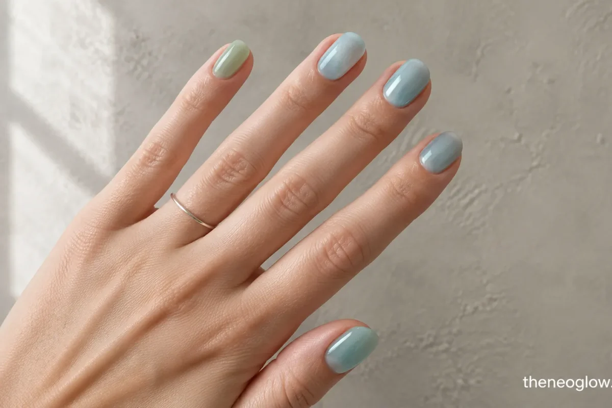 Five oval nails in translucent aqua, seafoam, blue-gray, and pale lavender with glossy and softly frosted finishes.