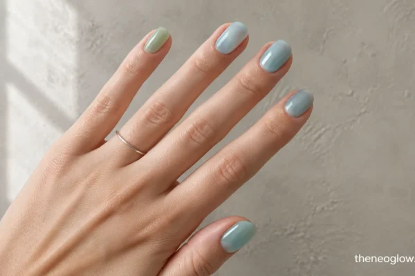 Five oval nails in translucent aqua, seafoam, blue-gray, and pale lavender with glossy and softly frosted finishes.