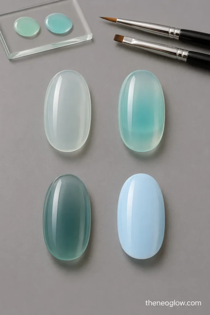 Four oval practice tips showing nearly clear, balanced translucent, muddy blue-green, and chalky pale-blue opacity. sea glass nails.