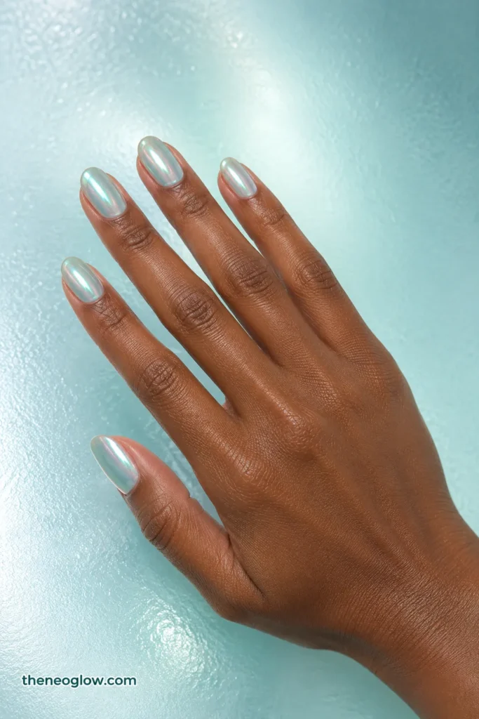 Medium oval translucent aqua nails with a soft sea-glass pearl chrome finish on deep brown skin.