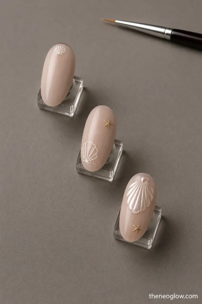 Three practice nails showing a micro shell decal, a small shell-and-starfish pair, and a pearly raised shell fan.