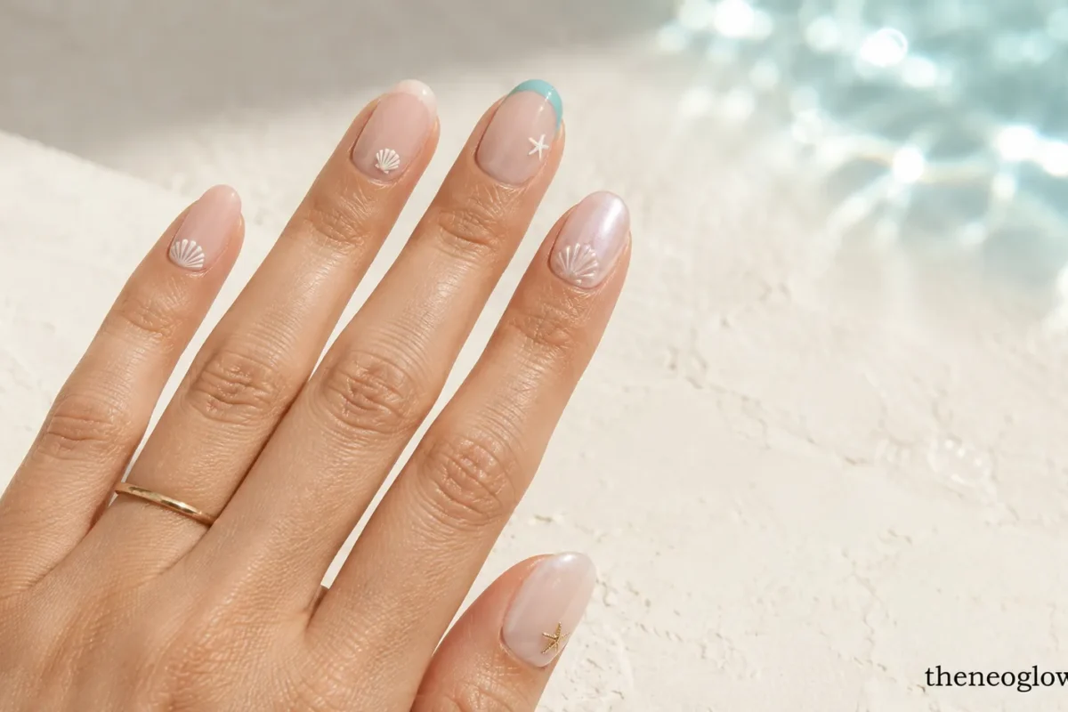 Medium oval nails with tiny shell details, gold starfish accents, an aqua French tip, and one pearly shell-ridge nail.
