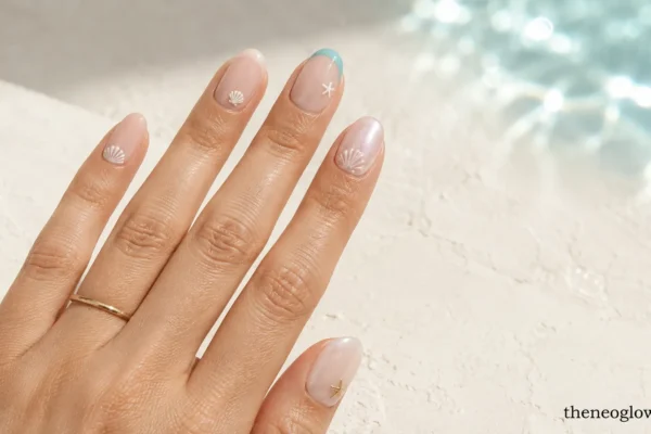 Medium oval nails with tiny shell details, gold starfish accents, an aqua French tip, and one pearly shell-ridge nail.